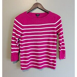 Talbots Size Small Petite Pink Sweater Womens Crewneck White Stripe Pullover SP